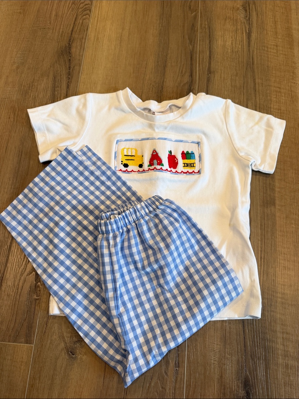 White Smocked Kids Tee with Blue Gingham Shorts size 5